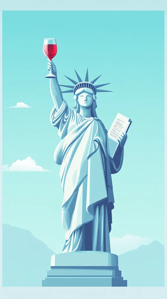The Statue of Liberty, a symbol of freedom and democracy, stands tall and proud against a blue sky. She holds a glass of red wine in her right hand and a document in her left. The statue is depicted in a minimalist, graphic style, with a focus on her iconic form and the surrounding landscape.