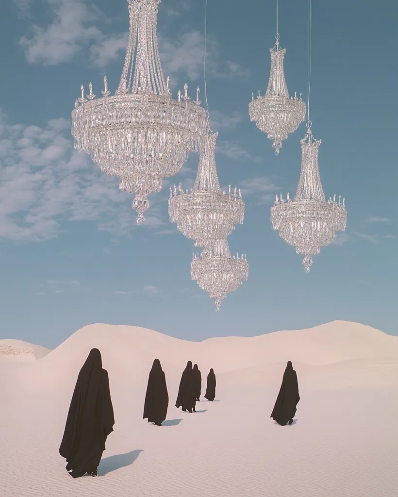 Five figures, cloaked in black, walk across a desolate white sand desert. Above them, five crystal chandeliers hang from the sky, casting long shadows on the sand. The scene is surreal and otherworldly, with a sense of mystery and isolation.  The contrast between the black figures and the white sand creates a stark and striking visual effect.