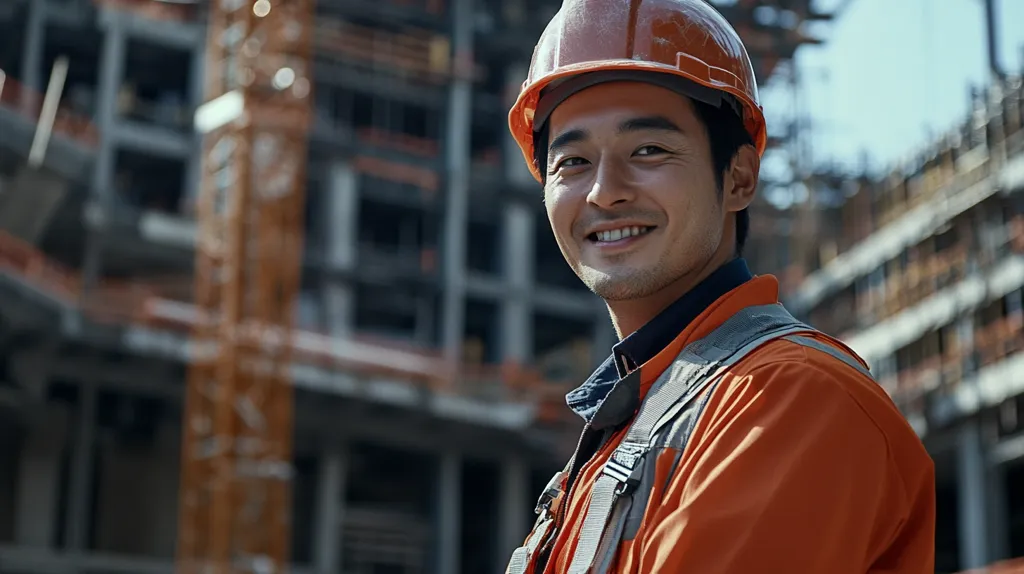 A construction worker, wearing a bright orange hard hat and safety vest, smiles directly at the camera. He stands in front of a partially constructed building, with the scaffolding blurred in the background. The image captures the worker's confidence and pride in his profession.