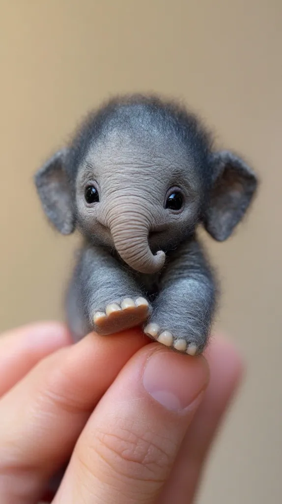 A small, grey, fuzzy baby elephant is held in a person's hand. The elephant is looking at the camera, with its trunk curled up. It has large ears and big eyes. The elephant appears to be made of soft material, perhaps a plush toy. The image is captured against a plain beige background.