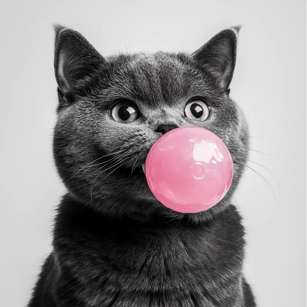 A gray cat is chewing on a large pink bubble. The cat has large eyes and a serious expression. The bubble is round and shiny. The cat's fur is soft and fluffy. The background is white. The cat's whiskers are long and sharp.