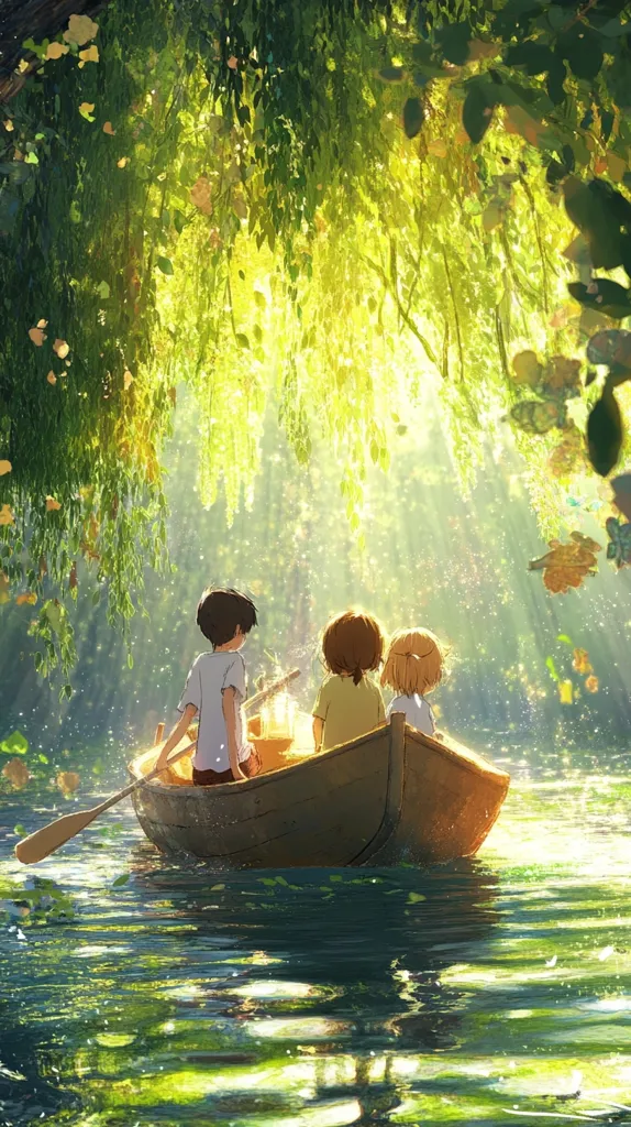 Three children are in a wooden boat, paddling down a river. The sunlight filters through the trees overhead, creating a dappled pattern on the water. The scene is idyllic and peaceful, with the children enjoying a leisurely ride.