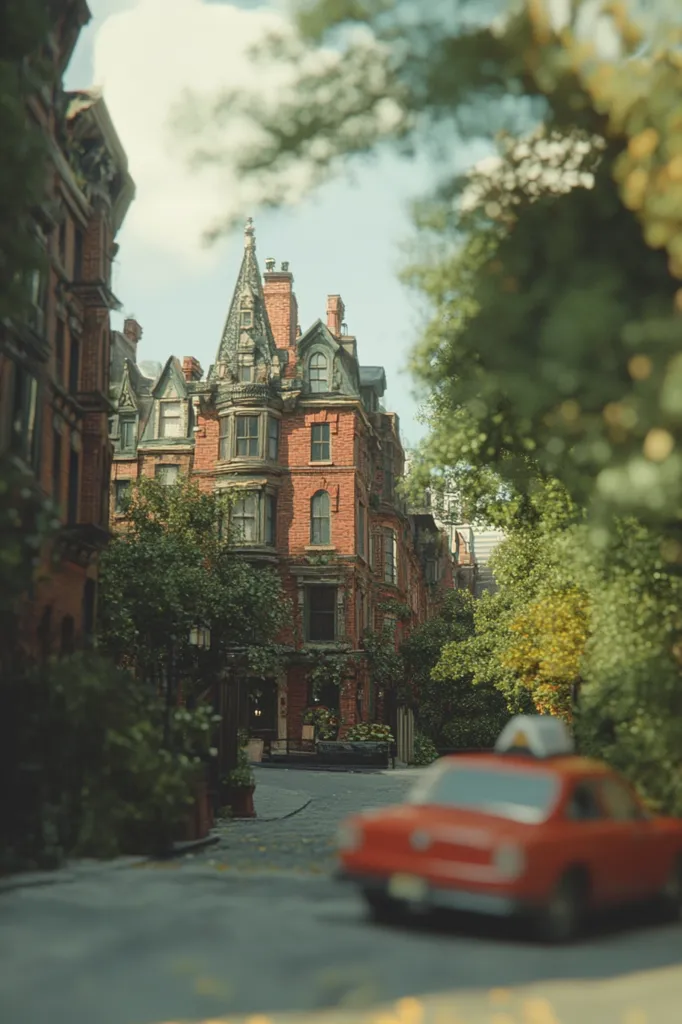 A red car drives down a street lined with brick buildings. Lush greenery covers the sides of the street, and a tall building with a pointed roof sits in the distance. The scene is framed by a large tree, creating a sense of depth and perspective. The image has a warm, nostalgic feel, hinting at a quiet neighborhood setting.  The focus is on the car and the street, while the building and trees are blurred in the background.
