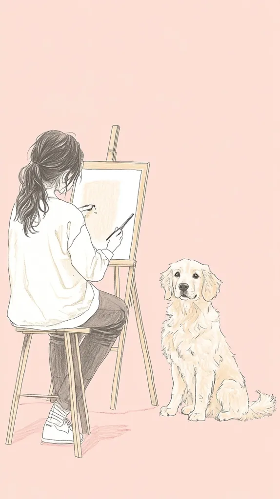 A young woman sits on a stool, facing an easel and a blank canvas, holding a paintbrush. She is wearing a white sweater and black pants. A golden retriever dog sits next to her, watching her intently. The scene is set against a light pink background. The image is drawn in a minimalist style with soft lines and muted colors.