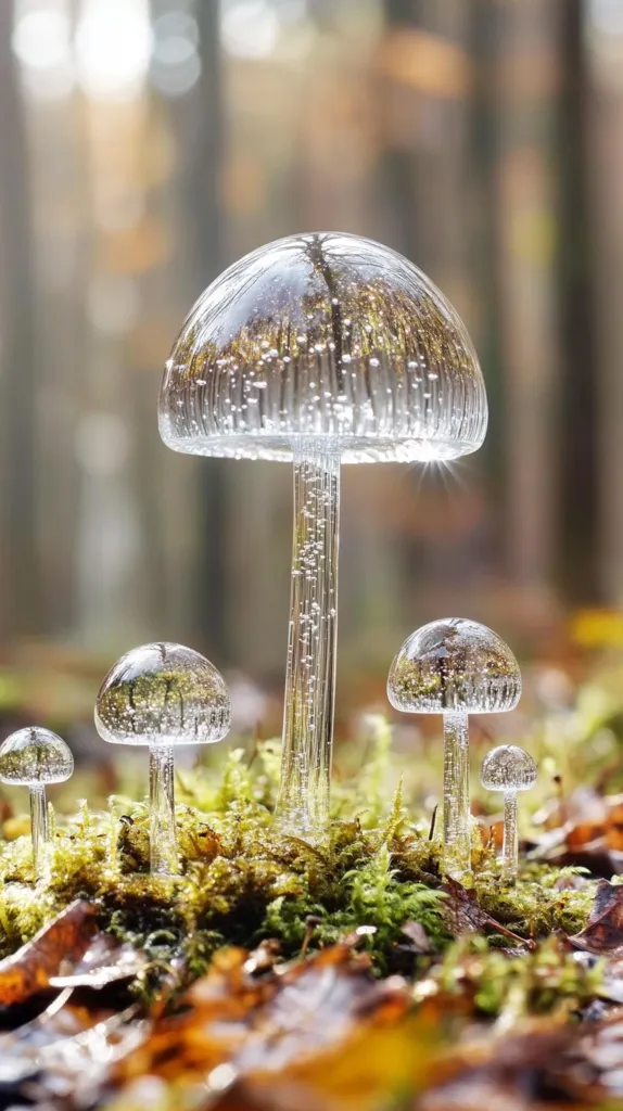 The image shows four glass mushrooms, with a large one in the center. They are all clear and transparent, reflecting the surrounding forest. The mushrooms are surrounded by green moss and brown leaves, creating a beautiful contrast. The image captures a whimsical and enchanting scene in nature.