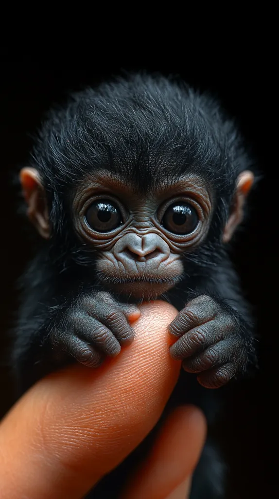 A small, black monkey with large, expressive eyes holds onto a human finger with its tiny hands. Its fur is dark and soft, and its face is wrinkled with age, giving it a wise and curious expression. The monkey's gaze is focused on the camera, as if it's observing the world around it with great interest. The background is dark and out of focus, highlighting the monkey's delicate features. The image conveys a sense of vulnerability and innocence, capturing the unique beauty of this small creature.