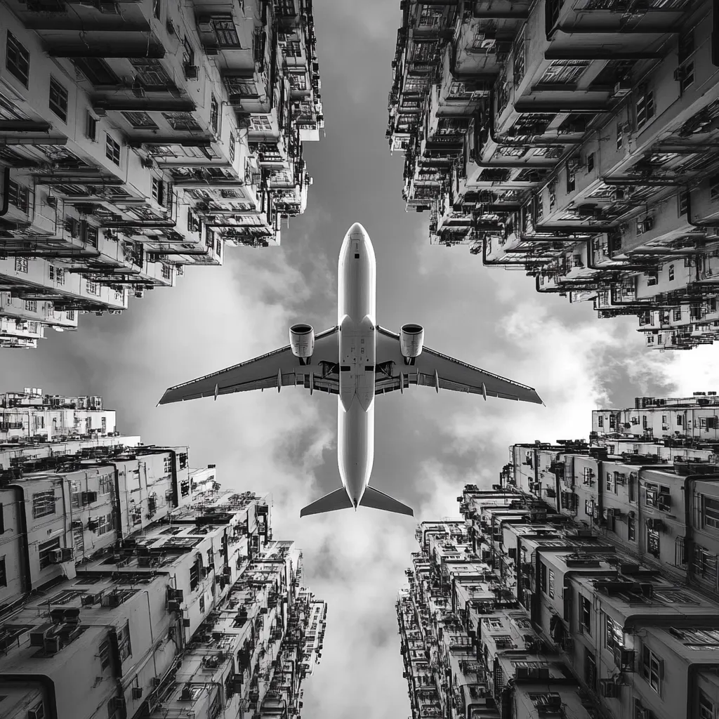 A black and white image of an airplane flying over a densely packed urban area. The airplane is seen from below, with its wings spread out and its landing gear retracted. The buildings are tall and narrow, with many windows and balconies. The sky is cloudy and the overall effect is one of claustrophobia and urban sprawl. The photo is taken from a low angle, looking up at the airplane.