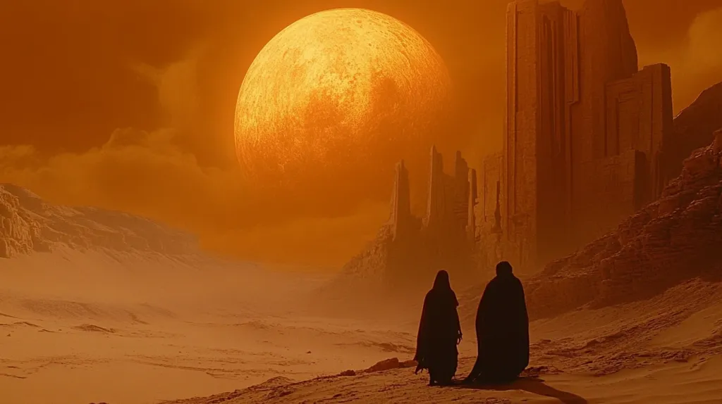 Two figures in cloaks walk across a vast desert landscape.  A giant, orange moon hangs in the sky above a looming, ancient city.  The scene is bathed in warm, golden light, creating a sense of mystery and otherworldliness.  The desert floor is smooth and sandy, stretching out as far as the eye can see.