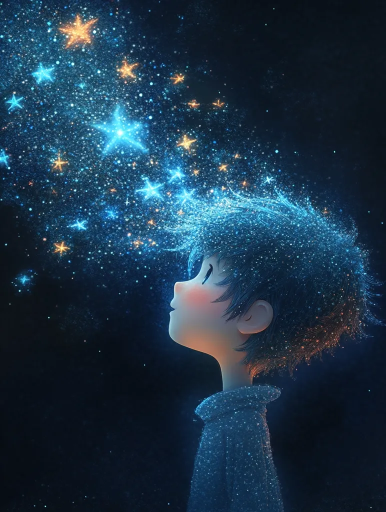 A young boy with dark blue hair and big eyes gazes upwards at a shimmering sky filled with sparkling stars. The boy's face is turned up in wonder as he watches the celestial display. The stars are scattered across the dark blue canvas, creating a magical and dreamy atmosphere. The image evokes a sense of childlike awe and a longing for the unknown.  The image is rendered in a beautiful, stylized digital art style, with soft lines and a dreamy color palette.