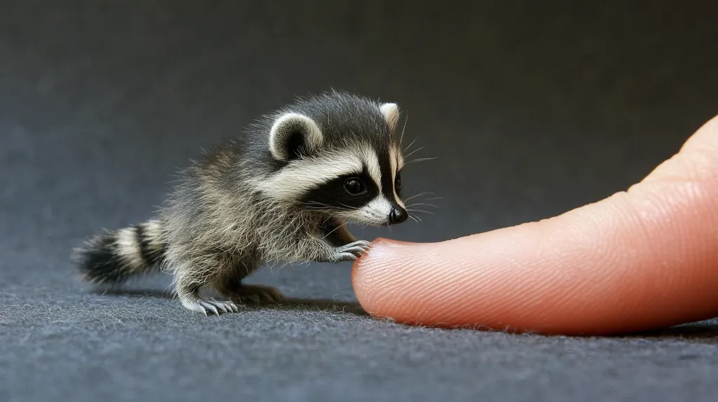 A tiny raccoon, with black and white markings, stands on a finger and looks directly at the camera. Its tail is curled behind it, and its eyes are wide open. The raccoon is very small, and the finger is much larger. The background is a dark gray. The photo is focused on the raccoon, with the finger blurred in the background.