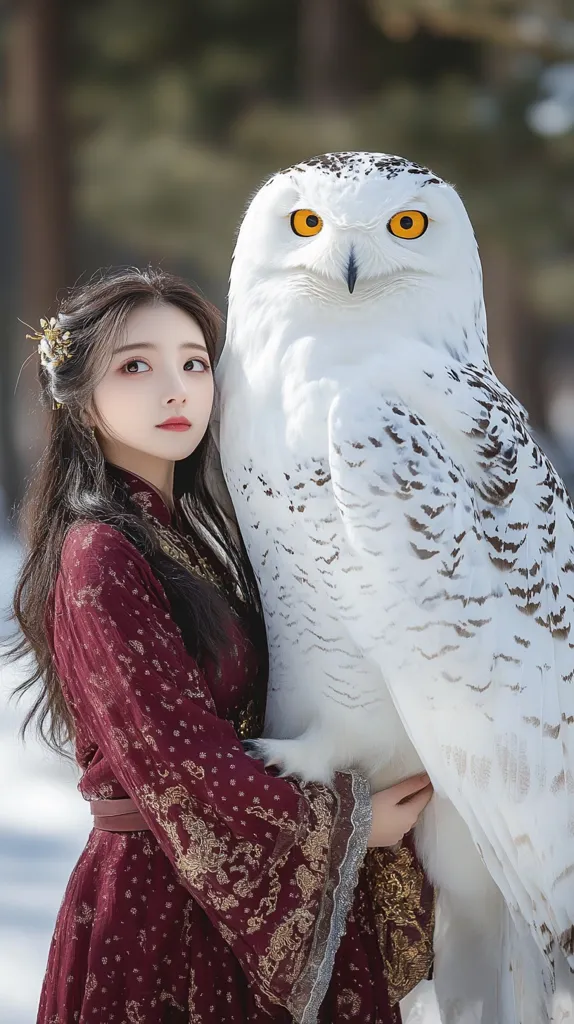 A young woman in a long red dress with gold embroidery is holding a snowy owl. The owl is large and white with black markings. The woman is looking at the camera with a gentle expression, and the owl is looking at her with its bright yellow eyes. The background is blurred, creating a sense of intimacy between the woman and the owl.  The scene is both beautiful and enigmatic, suggesting a bond between the human and animal.