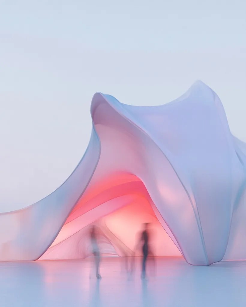 The image is a modern art installation featuring a large, flowing white structure that resembles a billowing curtain.  The structure is illuminated with a soft pink light emanating from within. Two blurred figures are standing within the structure, contributing to the abstract and ethereal nature of the piece. The backdrop is a pale blue sky.
