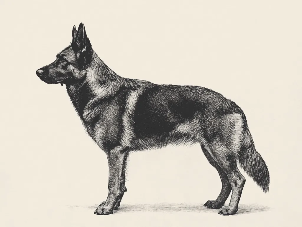 The image is a black and white drawing of a German Shepherd. It is drawn in a realistic style, with attention to detail in the fur and musculature of the dog. The dog is standing in profile, with its head turned slightly to the side. It is looking alert and attentive. The background is a plain white, which helps to highlight the dog. The overall effect of the image is one of power, grace, and intelligence.