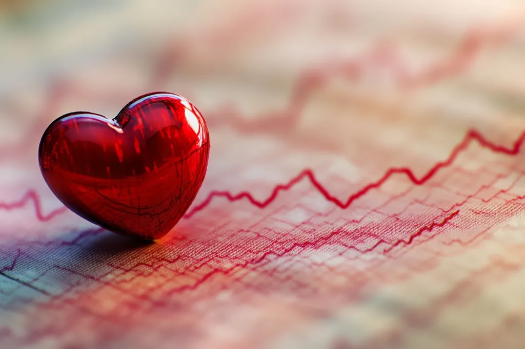 A shiny, red heart sits on a blurry, pink and white background.  The heart is in focus, while the background is out of focus.  The heart appears to be resting on a graph.  The image is likely meant to represent the concept of love, health, or well-being.