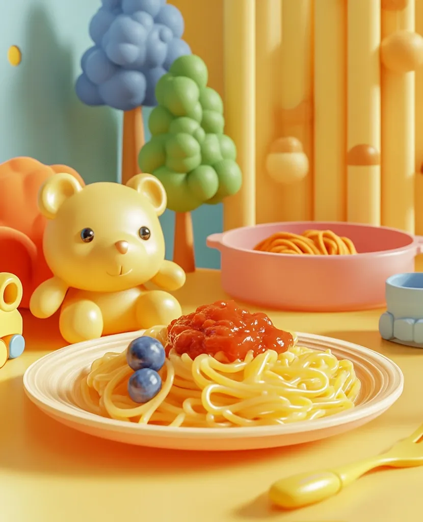A plate of spaghetti with tomato sauce and blueberries sits on a yellow table. There is a yellow teddy bear and a small bowl of noodles in the background. The scene is brightly colored and playful, like a child's playroom.  The image is reminiscent of a children's toy set, with the focus on the simple meal of spaghetti.