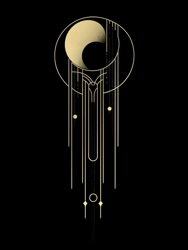 The image is an abstract design with a crescent moon shape in the center. The moon is surrounded by intricate geometric lines and shapes. It is reminiscent of Art Deco and Art Nouveau styles. The overall aesthetic is elegant and minimalist. The design is set against a dark background, which accentuates the gold details.