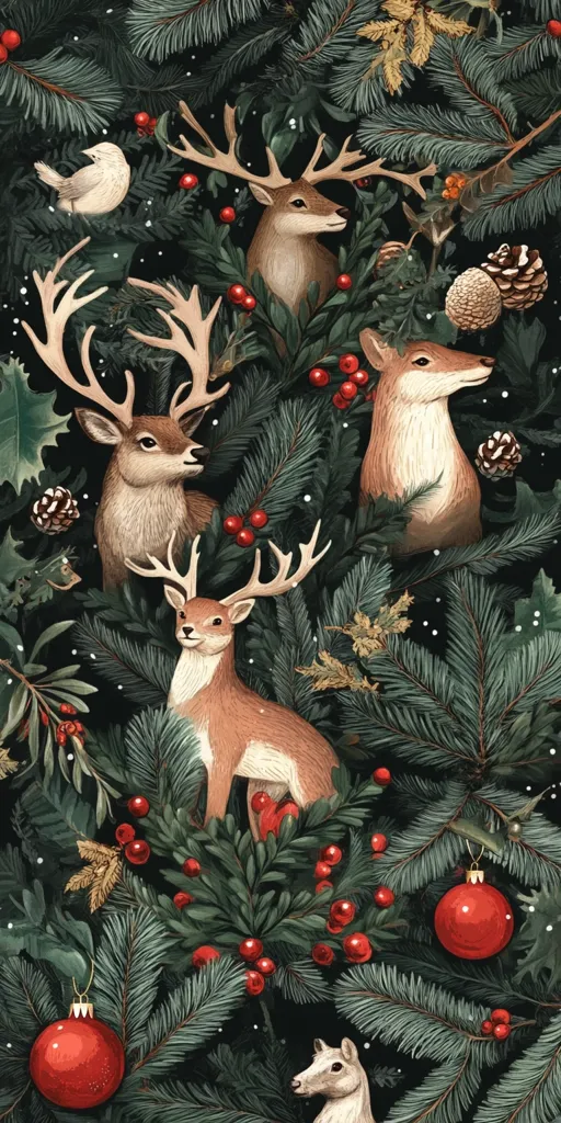 A whimsical illustration depicting a winter wonderland scene. Lush pine branches laden with red berries, pine cones and ornaments create a festive backdrop. Four deer, including a doe and fawn, peek out from the foliage. A white bird perches on a branch, adding a touch of whimsy to the scene.  The dark background and delicate snowflakes evoke a magical winter night.