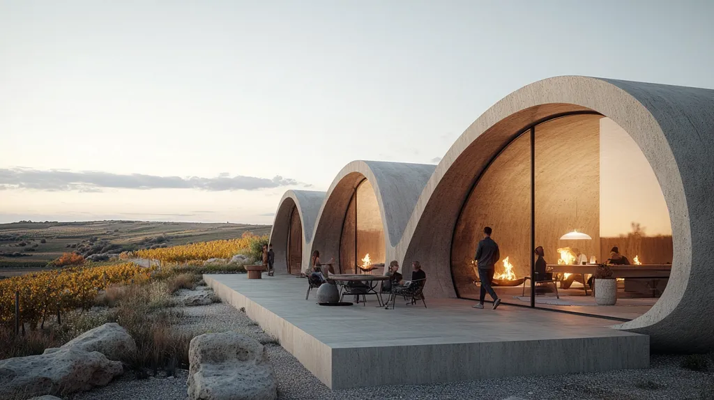 The image shows a modern, minimalist concrete building with a series of arched windows that offer panoramic views of a rolling countryside. The building is situated on a hill overlooking a vineyard, with a clear sky and a warm, golden sunset lighting the scene. People are gathered inside the building, enjoying the view and each other's company. The image creates a sense of tranquility and harmony with nature.