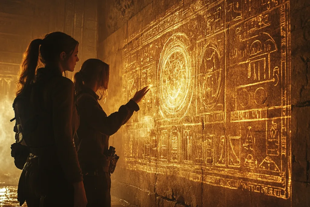 Two women stand in a dimly lit chamber, examining a glowing wall covered in ancient hieroglyphs. The woman on the right reaches out to touch the wall, while the woman on the left observes with a thoughtful expression. The golden light from the wall illuminates the women's silhouettes, creating a sense of mystery and intrigue.  The scene suggests a discovery of ancient knowledge or a powerful artifact within the chamber.
