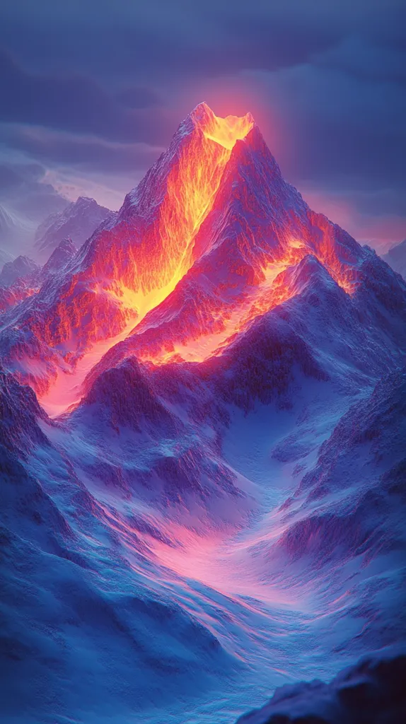 The image shows a majestic snow-capped mountain range with a volcanic eruption at its peak. The lava flows down the mountainside, creating a striking contrast against the white snow. The sky is a vibrant purple and pink, adding to the dramatic scene. The image captures the raw power of nature and the beauty of its contrasting elements.