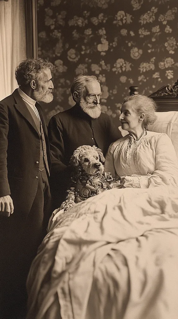 A black and white photo of three people and a dog. Two men in suits stand behind a woman in a white dress sitting in a bed. She is holding a small dog on her lap. The photo is taken in a room with wallpaper.  The dog looks at the camera.