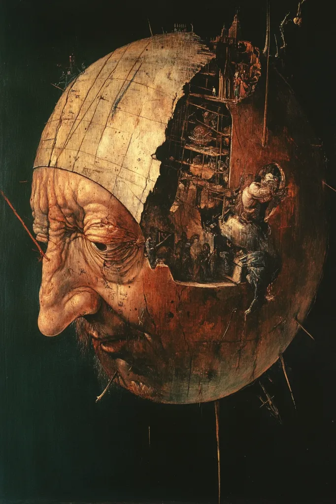 The painting depicts a large, spherical head with a cracked and peeling surface, revealing a miniature world inside. The head's face is distorted and grotesque, with a large, bulbous nose and a deeply furrowed brow. The inner world is populated with tiny figures engaged in various activities, including construction and mining. The overall impression is one of decay, chaos, and the fragility of the human condition.