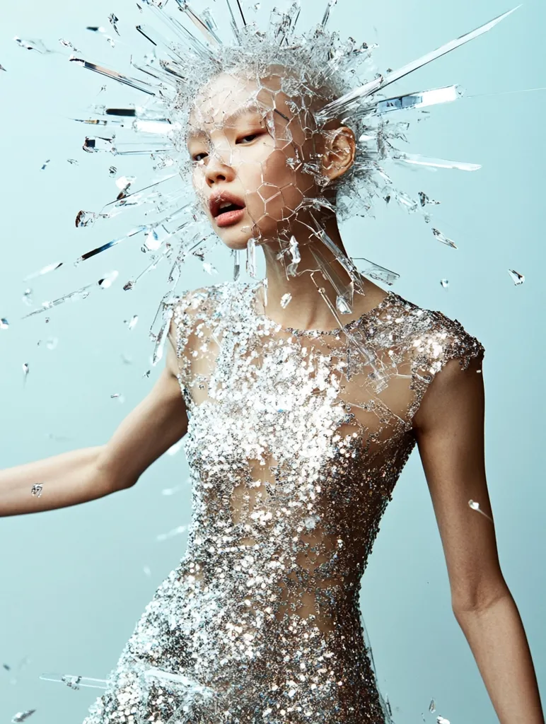 A woman in a silver sequined dress is standing in front of a blue background. Her head is adorned with a crown of shattered glass, which appears to be raining down around her. The woman's expression is intense, her eyes wide and her mouth slightly open.  She is looking to the left. The image has a dramatic and surreal quality.  The use of light and shadow creates a sense of depth and mystery.
