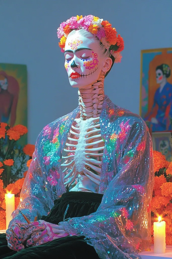 A woman with a painted skull face and a skeleton painted on her body is sitting in a meditative pose. She is wearing a floral crown and a sequined robe. There are marigolds and candles surrounding her, and a painting of a woman in traditional garb in the background. The image evokes a sense of Day of the Dead celebration.