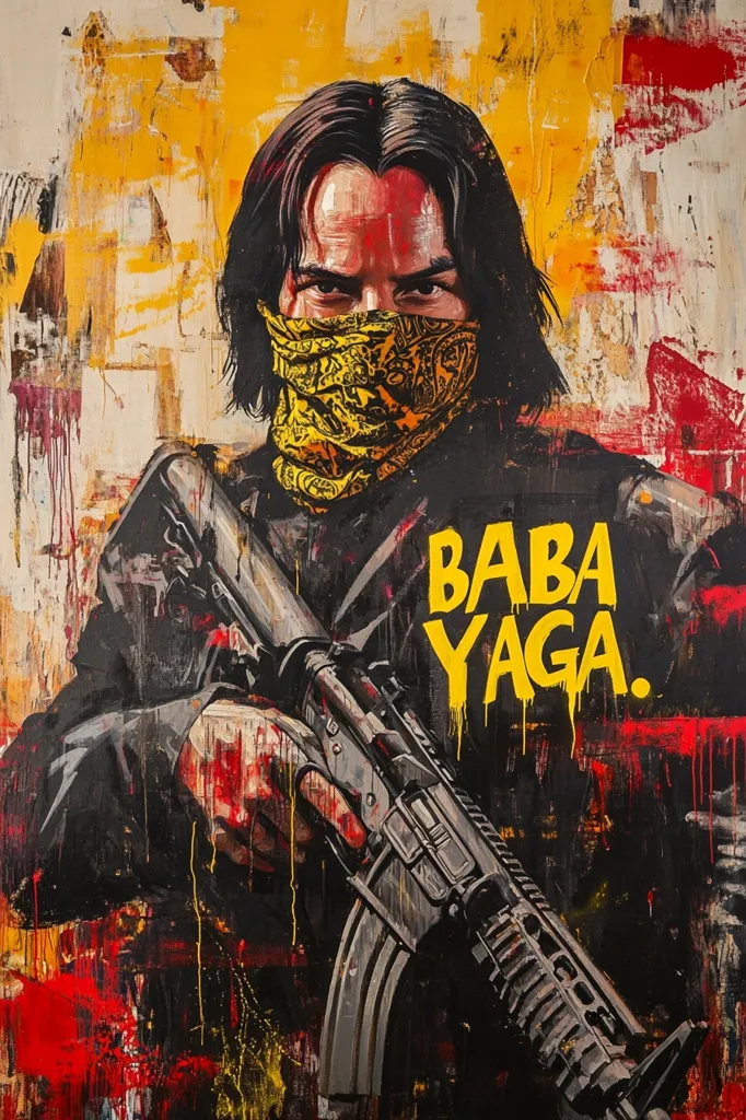 The image is a stylized, graphic depiction of a person holding an assault rifle. The figure is wearing a bandana covering their face, and has an intense expression. The background is a mix of abstract shapes and colors, creating a sense of chaos and urgency. The words "Baba Yaga" are written in large, bold letters, adding to the mysterious and potentially dangerous aura of the image. The overall effect is one of heightened tension and impending threat.
