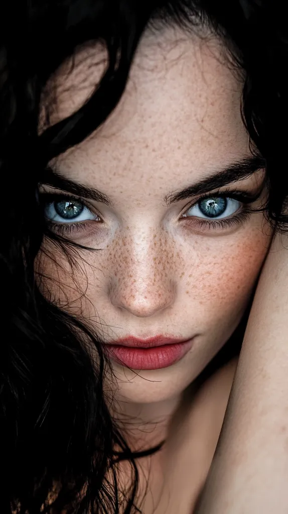 A woman with long, dark hair stares intensely at the camera. Her blue eyes are large and striking, and her skin is covered in freckles. Her lips are painted a bright red, and her expression is both alluring and mysterious.  The image is intimate and suggestive, with the woman's gaze drawing the viewer in.