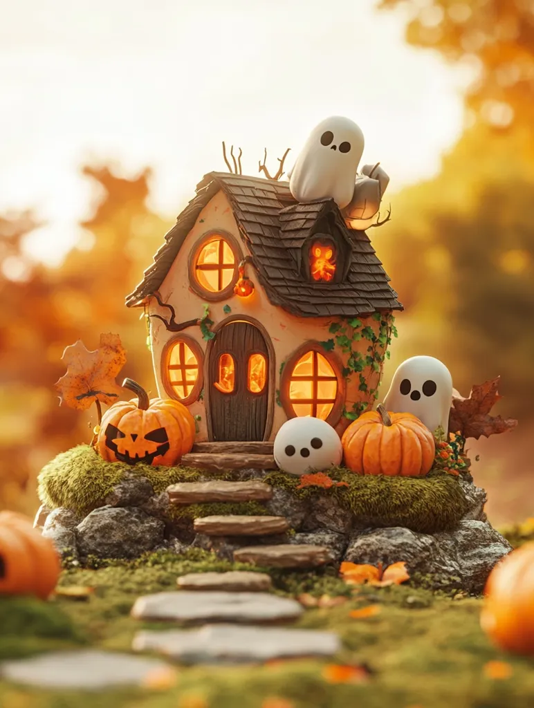 A charming miniature Halloween house with glowing windows sits on a mossy hill.  Two friendly ghosts, one perched on the roof and another near a pumpkin, add a whimsical touch. Pumpkins with carved faces sit on the steps, adding to the festive spirit. The house is nestled in a vibrant autumnal forest with warm, golden light filtering through the trees.