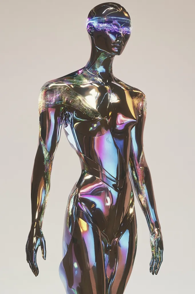 A metallic humanoid figure with iridescent skin stands against a white background. The figure is female, and its head is tilted slightly to the side. It is wearing a futuristic helmet with a glowing visor. The figure is posed in a standing position, with its arms at its sides. Its body is sleek and smooth, and its muscles are well-defined. The figure appears to be a robot or an android.