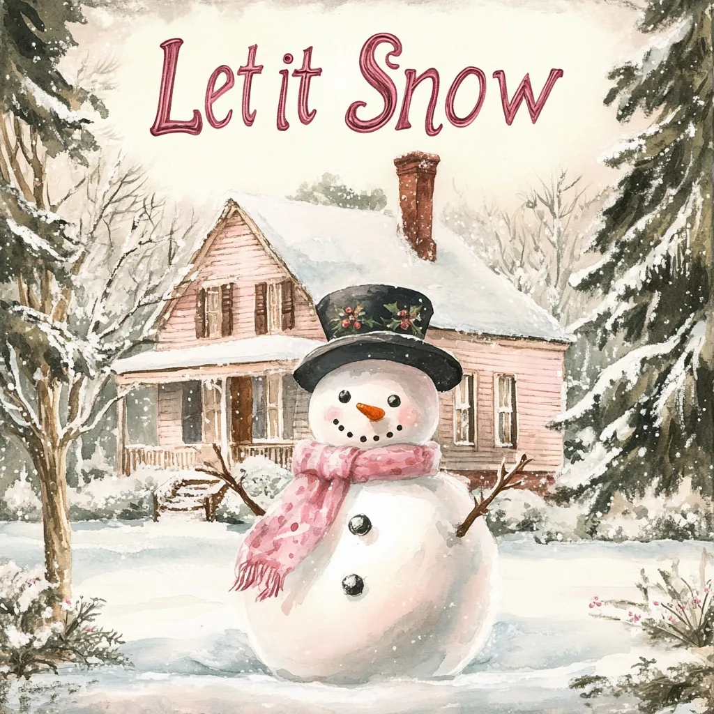 A cheerful snowman stands in front of a quaint pink house, the words "Let it Snow" written in a festive pink font above.  Snow covers the ground, the trees, and the roof of the house, creating a cozy winter scene. The snowman is wearing a black top hat decorated with holly and a pink polka-dot scarf.  Its rosy cheeks and cheerful expression evoke the joy of the season.