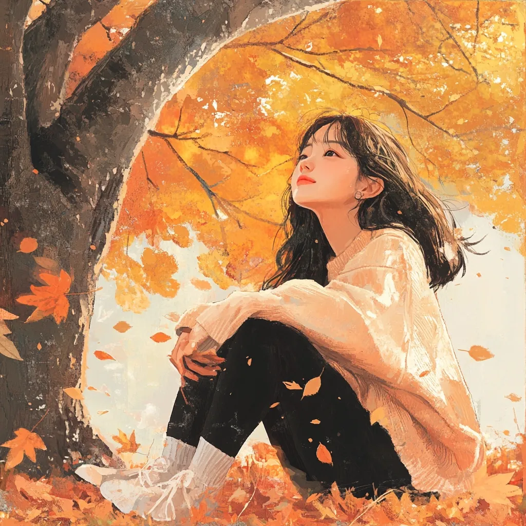 A young woman with long dark hair sits beneath a tree with vibrant orange leaves, looking up thoughtfully. She wears a light beige sweater and black pants, and her white sneakers are visible at her feet. The background features a soft focus on the fall foliage, creating a peaceful and contemplative atmosphere.