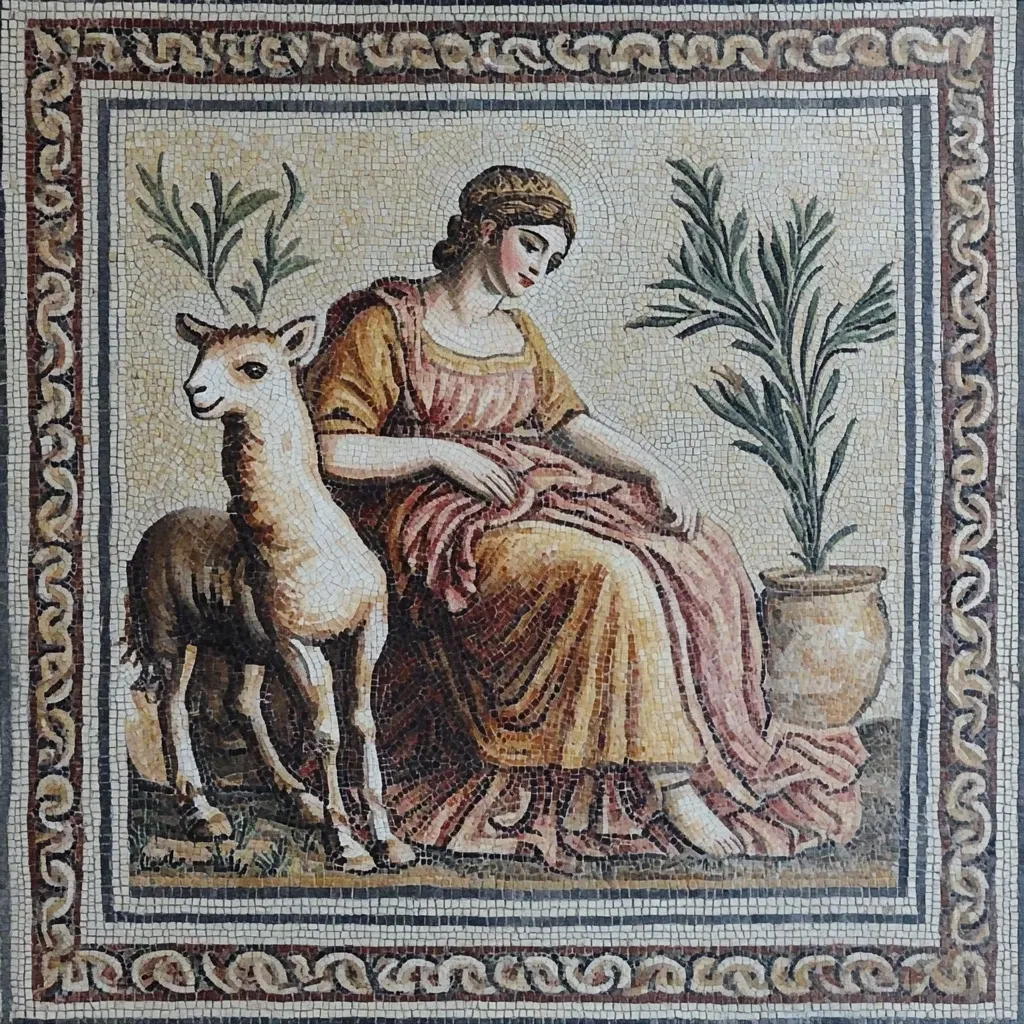 The mosaic depicts a woman seated in a flowing robe, holding a small deer-like creature. The woman's dress is a vibrant red with yellow patterns, and she gazes downward with a serene expression. A lush green plant with small leaves grows in a brown pot to the right. The mosaic is framed with a decorative border of brown and white tiles.  The scene suggests a peaceful and harmonious setting in nature.