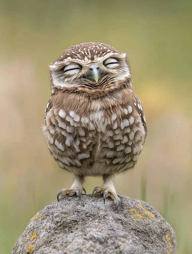 A small, brown and white owl with its eyes closed is perched on a grey rock. The owl's feathers are soft and fluffy, and its talons are sharp. The background is a blurred green and brown. The owl's relaxed posture and closed eyes suggest it is taking a nap.  The image captures a moment of peace and tranquility in nature.