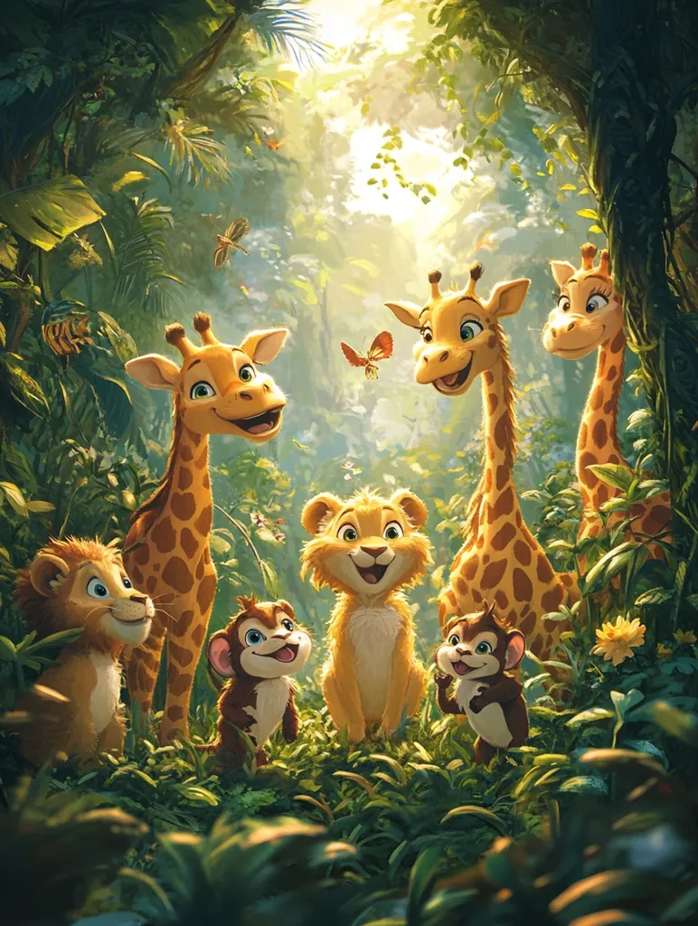 A group of cartoon animals, including two giraffes, a lion cub, and two monkeys, are gathered together in a lush jungle clearing. The animals are all smiling and appear to be enjoying each other's company. The background is filled with vibrant green foliage and a bright, sunny sky. The scene is full of life and joy, creating a sense of wonder and adventure.