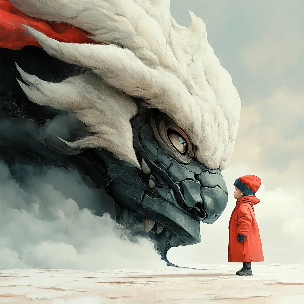 A small child in a red coat and hat stands before a giant, furry, dragon-like creature. The creature has a large, imposing head with sharp teeth and an angry expression. The child looks up at the creature with a mixture of fear and curiosity. The scene is set against a backdrop of swirling clouds. The image suggests a contrast between power and vulnerability, and the possibility of an unexpected connection.