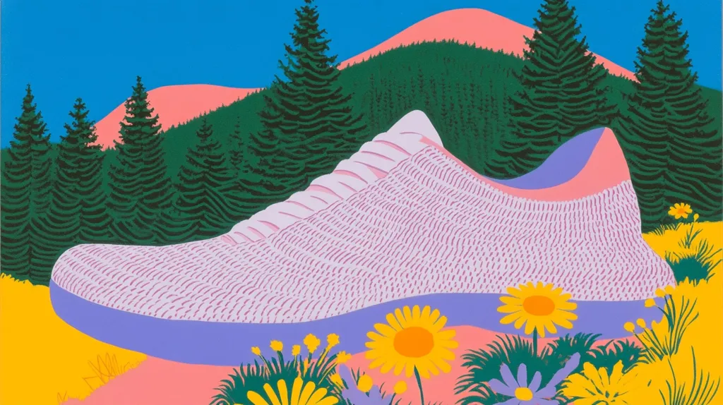 The image is a colorful illustration of a pink and purple sneaker resting in a field of yellow and purple flowers. The background features a vibrant blue sky and a lush green forest.  The art style is stylized and bold, with a focus on simplified shapes and bright colors. The image evokes a sense of joy, nature, and optimism.