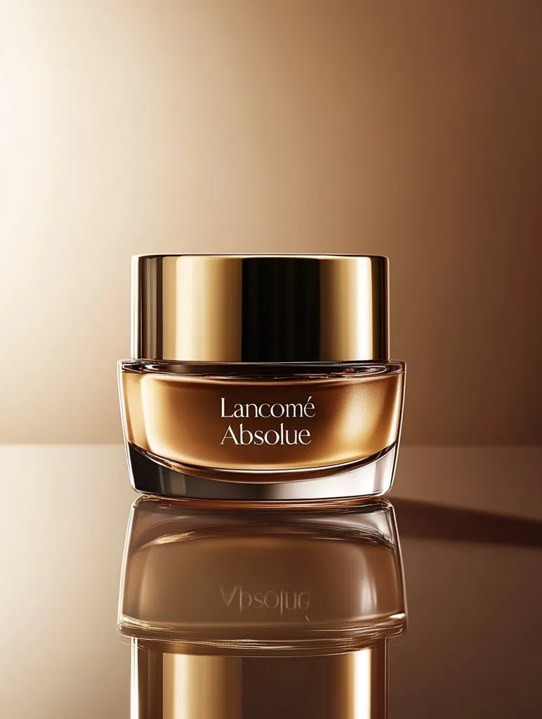 A jar of Lancôme Absolue face cream sits on a reflective surface, the gold lid gleaming against the warm backdrop. The cream's name is prominently displayed in a sophisticated font, emphasizing the luxurious quality of the product. The reflection creates a sense of depth and adds to the overall aesthetic.