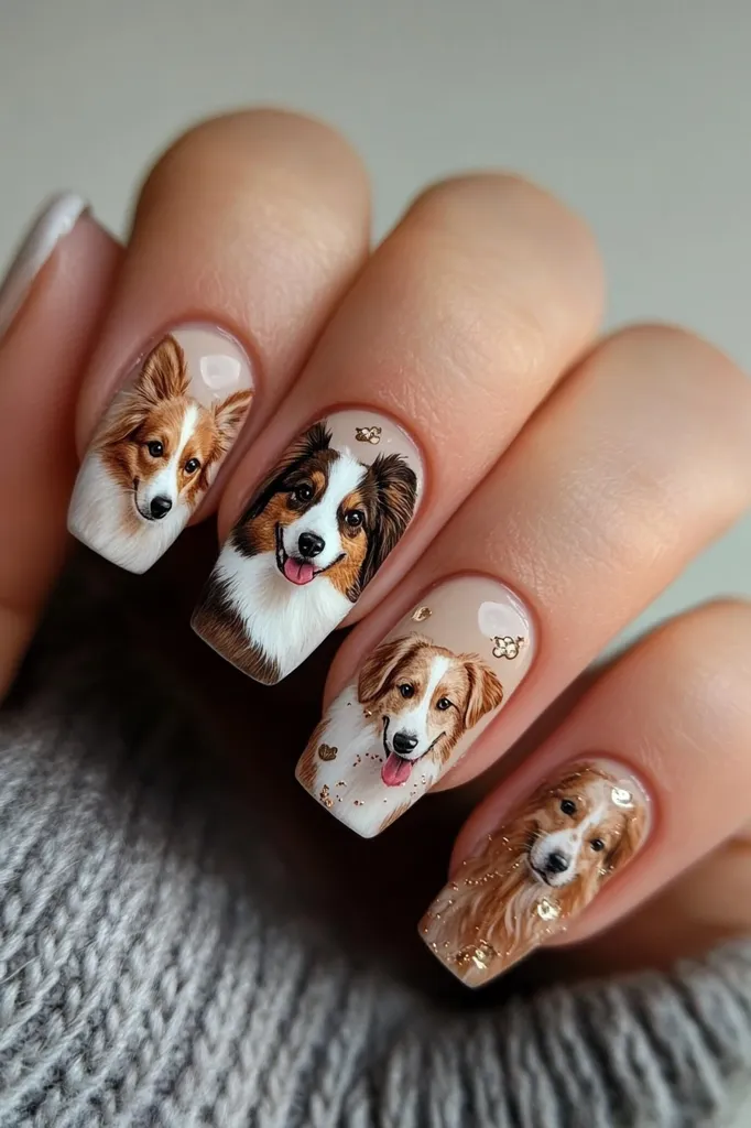 A close-up of a hand with painted nails. Each nail is decorated with a detailed illustration of a dog's face. The dogs are all different breeds and have different expressions. The nails are surrounded by a soft gray fabric. The nails are painted with a neutral base color, and the dogs are painted with realistic detail. The image is a great example of creative nail art.