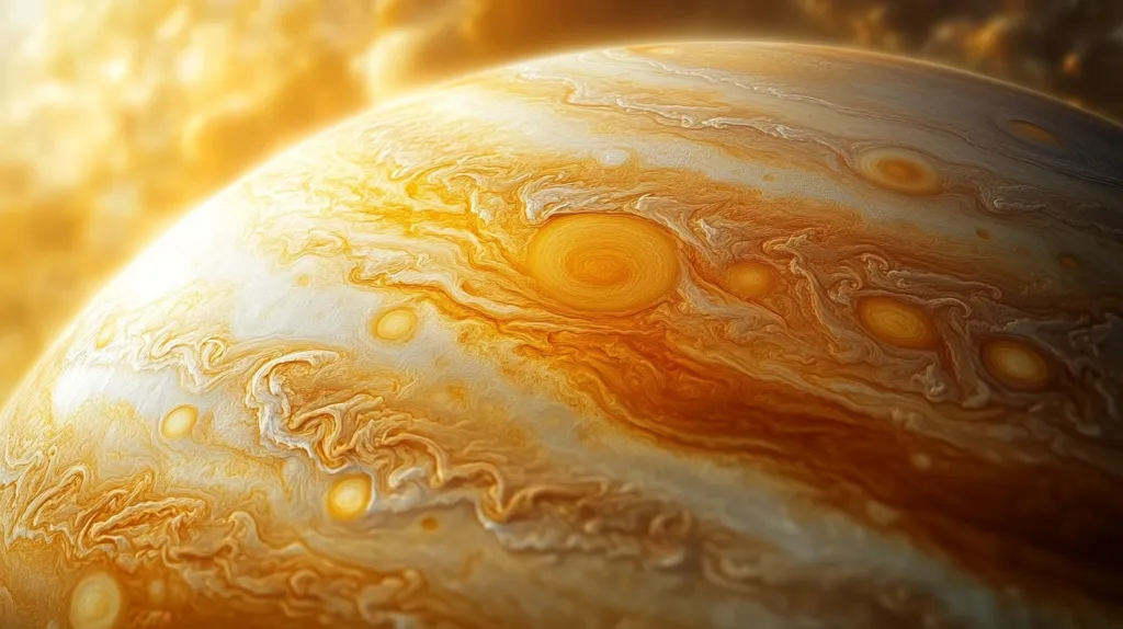The image shows a close-up of Jupiter, the largest planet in our solar system. The planet's surface is covered in swirling clouds of gas, creating a mesmerizing pattern of orange, white, and brown.  A prominent swirling feature, likely the Great Red Spot, is visible near the center of the image. The image evokes a sense of vastness and wonder, highlighting the beauty and complexity of our universe.