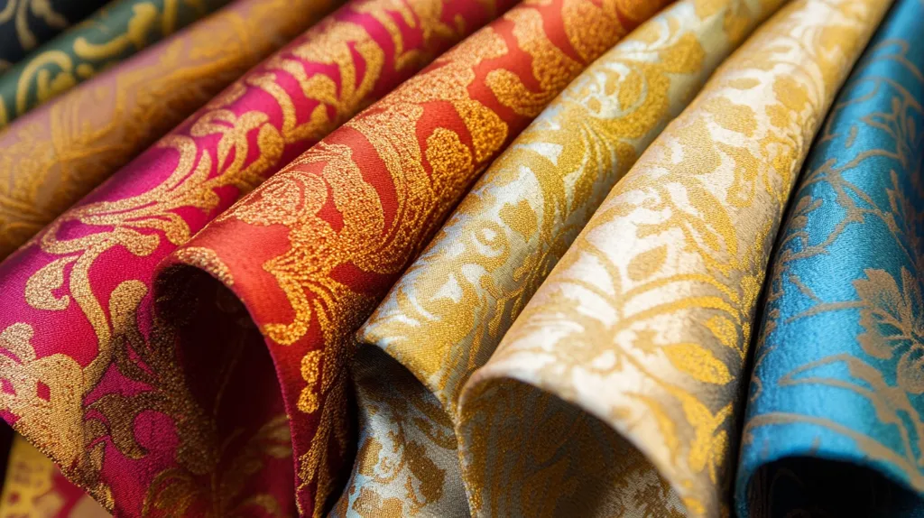 A close-up shot of a stack of colorful fabric rolls, each with a different intricate floral pattern woven into the fabric. The colors are vibrant and rich, including red, gold, teal, and white. The fabric has a textured surface that gives it a luxurious feel.  The rolls are arranged in a way that highlights the different patterns and textures of the fabric.