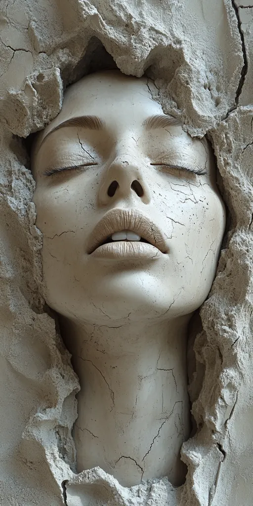 The image shows a sculpture of a woman's face emerging from a cracked and textured surface. Her eyes are closed, and her lips are slightly parted, suggesting a state of repose or contemplation. The cracks in the surface, mirroring those on her face, create a powerful visual metaphor for the passage of time and the fragility of life. The sculpture is rendered in a realistic style, with subtle variations in texture and light creating a sense of depth and dimensionality.  The overall effect is one of beauty and mystery, as the viewer is left to contemplate the meaning behind the woman's enigmatic expression.