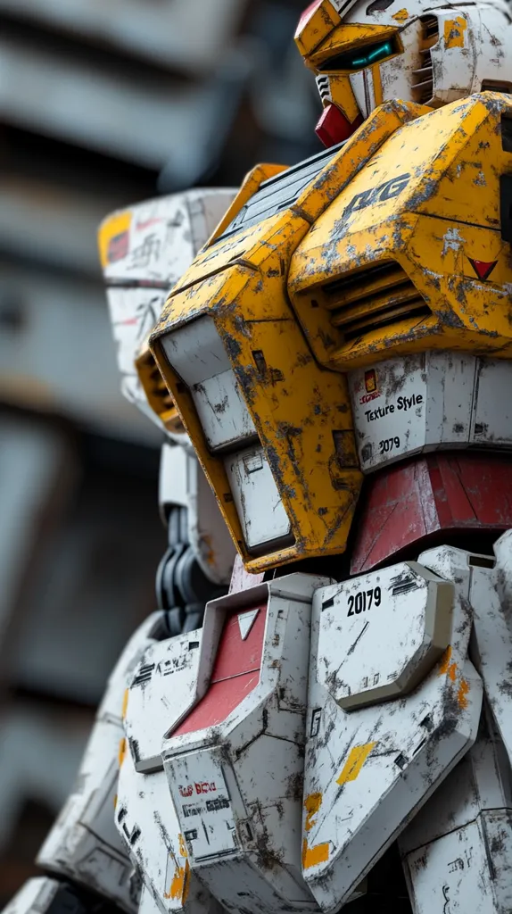 A weathered, yellow and white robot stands against a blurry background of an urban setting. The robot's chest armor has a yellow panel labeled with "Texture Style 2079" and a red panel below with "2079". The robot's head is visible in the background, with a blue visor and a red chin. The robot's body is covered in scratches, dirt, and rust.