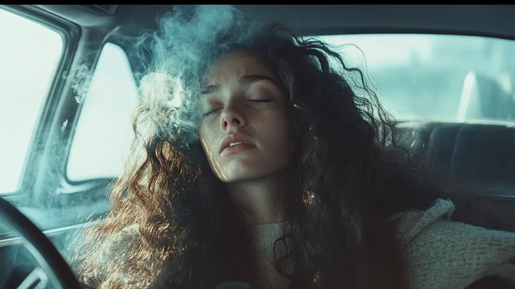 A young woman with long, curly hair sits in the driver's seat of a car. She is looking down with her eyes closed, and her mouth is slightly open. The car is filled with smoke, which is swirling around her head. The image is shot in a moody, atmospheric style, with the colors being muted and the lighting being soft. The overall mood is one of contemplation and introspection.