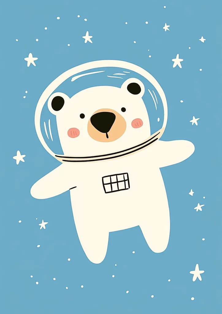 A white bear wearing a helmet with a visor floats in a sky filled with white stars. The bear is smiling and has outstretched arms. The bear is a cartoon and is very simplified.  The sky is light blue.