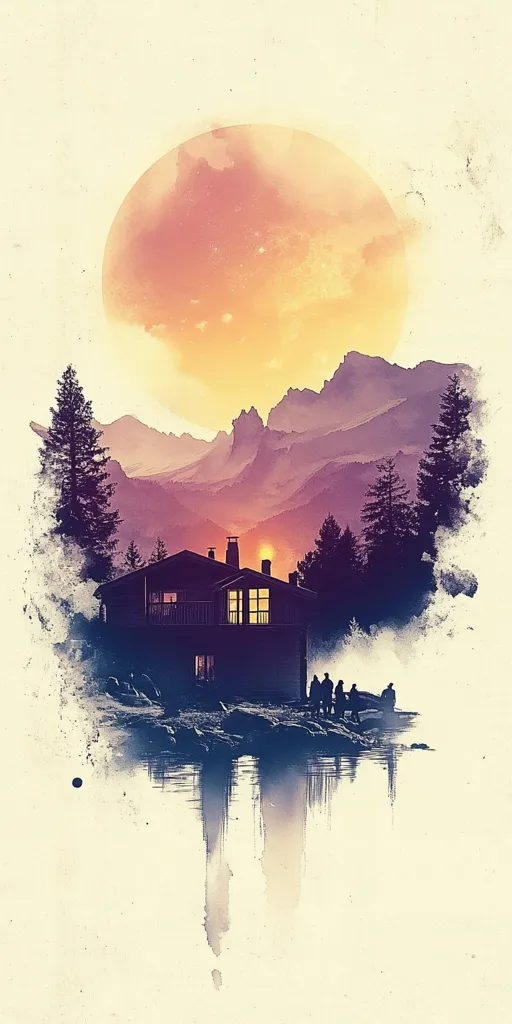 The image is a watercolor painting of a mountain scene. A large, round sun hangs in the sky, and a small cabin stands in the foreground. The cabin has a window with a warm light shining through it, and there are figures standing outside it. The scene is rendered in muted colors, giving it a soft and dreamy feel. The mountains are covered in a hazy purple light. The water in the foreground is a deep blue and has a mirror-like reflection.  The scene evokes a sense of peace and tranquility.