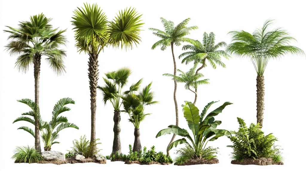 The image features a collection of tropical plants, including various palm trees, ferns, and a banana plant. They are arranged in a row against a white background, showcasing their lush greenery and textures. Some trees have tall, slender trunks, while others have wider bases. The plants are neatly trimmed and positioned to create a visually appealing display.