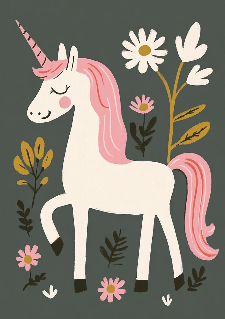 A white unicorn with pink hair and tail stands amongst stylized flowers on a grey background. The unicorn has a long, curled horn and its eyes are closed. The flowers are in various shades of pink and white. The image is playful and whimsical.